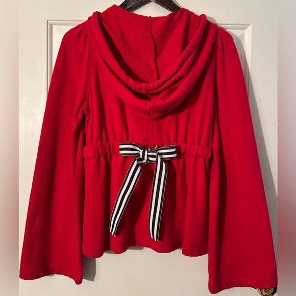 ANTHROPOLOGIE Sunday Mon M Coastal Red Hoodie Ribbon Bow Bell Sleeve Rope String - Picture 10 of 16
